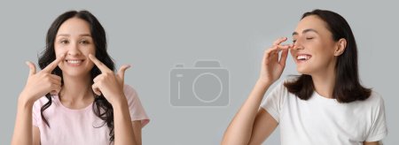 Téléchargez les photos : Jeunes femmes montrant leur nez sur fond gris avec espace pour le texte - en image libre de droit