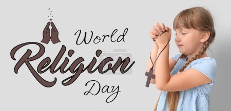 Photo for Little girl praying on light background. Banner for World Religion Day - Royalty Free Image