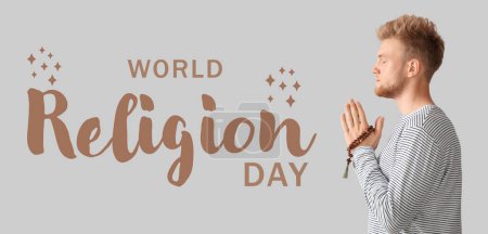 Photo for Young man praying to God on light background. Banner for World Religion Day - Royalty Free Image