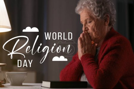 Photo for Senior woman praying to God at night. Poster for World Religion Day - Royalty Free Image