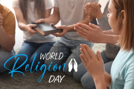 Photo for Group of praying people with Holy Bible. Poster for World Religion Day - Royalty Free Image