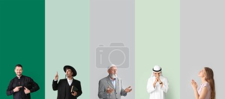 Representatives of different religions on color background