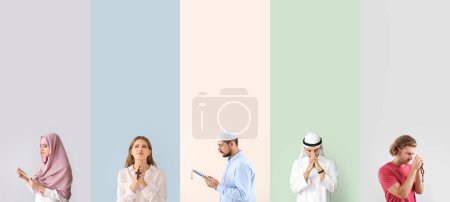 Photo for Set of representatives of Islam and Christianity on color background - Royalty Free Image