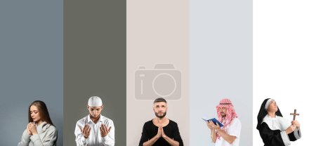 Set of praying Muslims and Christians on color background