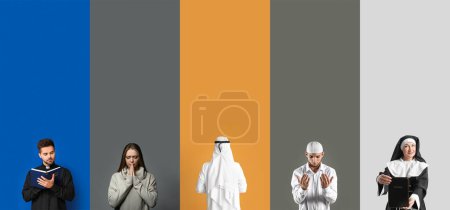 Photo for Representatives of Islam and Christianity on color background - Royalty Free Image