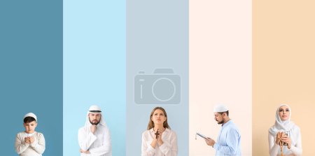 Photo for Collage of representatives of Islam and Christianity on color background - Royalty Free Image