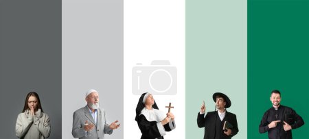 Photo for Collage of representatives of different religions on color background - Royalty Free Image