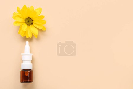 Photo for Nasal drops with daisy flower on beige background. Seasonal allergy concept - Royalty Free Image
