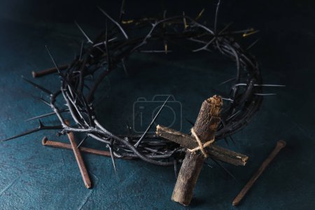 Photo for Wooden cross, crown of thorns and nails on dark background. Good Friday concept - Royalty Free Image