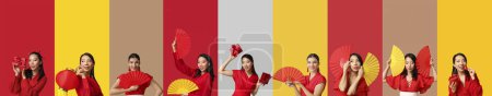 Photo for Collage of beautiful Asian women with Chinese symbols and gifts on color background. New Year celebration - Royalty Free Image
