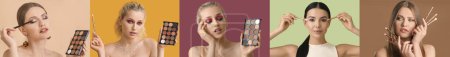 Téléchargez les photos : Ensemble de jolies jeunes femmes avec pinceaux de maquillage et cosmétiques décoratifs sur fond de couleur - en image libre de droit