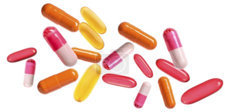 Téléchargez les photos : Différentes pilules volantes sur fond blanc - en image libre de droit