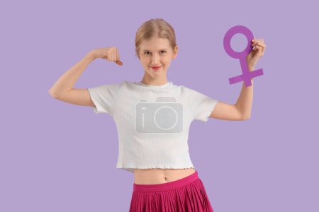 Young woman with gender symbol on lilac background