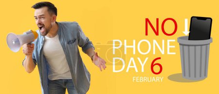 Foto de Banner para No Phone Day con el joven gritón y el megáfono - Imagen libre de derechos