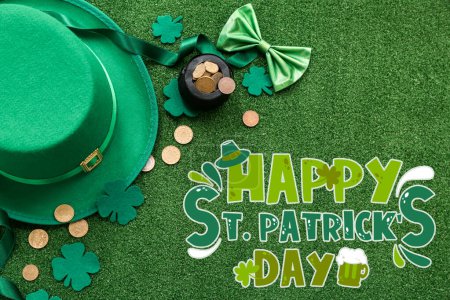 Photo for Leprechaun's hat, pot with golden coins, paper clovers and bowtie on green background. Greeting card for St. Patrick's Day celebration - Royalty Free Image