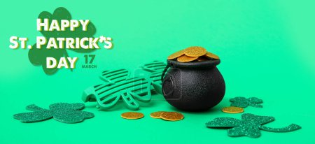 Photo for Leprechaun's pot with golden coins, party glasses and clovers on green background. Banner for St. Patrick's Day celebration - Royalty Free Image