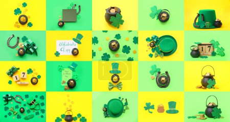 Photo for Collage with many different symbols of St. Patrick's Day on green and yellow background - Royalty Free Image