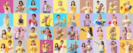 Téléchargez les photos : Groupe de petits enfants avec des rubans dorés sur fond de couleur. Concept de sensibilisation au cancer chez l'enfant - en image libre de droit