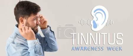 Banner para la Semana de Concientización de Tinnitus con un hombre joven que tiene trastorno auditivo