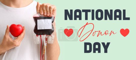 Awareness banner for National Donor Day with woman holding blood pack and red heart
