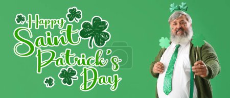 Photo for Funny bearded man with shamrock on green background. Banner for St. Patrick's Day - Royalty Free Image