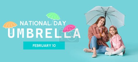 Banner for National Umbrella Day with happy woman and her little daughter with parasol