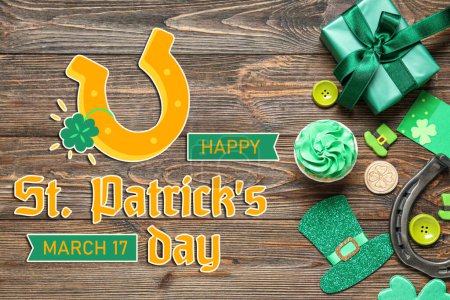 Photo for Greeting card for St. Patrick's Day with party decorations on wooden background - Royalty Free Image