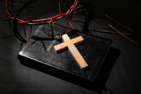 Photo for Wooden cross with crown of thorns, Bible and nails on black background. Good Friday concept - Royalty Free Image