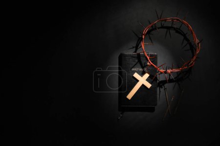 Photo for Wooden cross with crown of thorns, Bible and nails on black background. Good Friday concept - Royalty Free Image