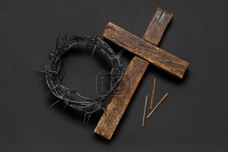 Photo for Wooden cross with crown of thorns and nails on black background. Good Friday concept - Royalty Free Image
