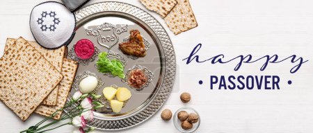 Photo for Festive banner with Passover Seder plate and traditional food on white background - Royalty Free Image