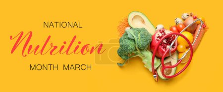 Photo for Banner for National Nutrition Month with healthy products and stethoscope - Royalty Free Image