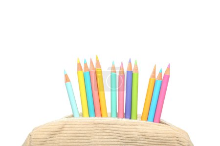 Foto de Estuche con muchos lápices de colores aislados sobre fondo blanco - Imagen libre de derechos