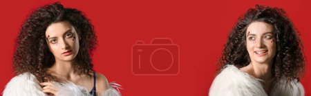 Photo for Beautiful young woman with curly hair on red background. Banner for design - Royalty Free Image