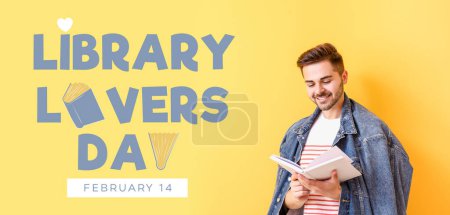 Téléchargez les photos : Bannière pour la journée des amoureux de la bibliothèque avec un jeune homme lisant un livre - en image libre de droit
