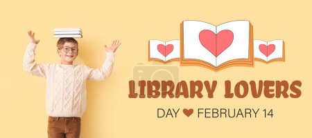 Téléchargez les photos : Bannière pour la journée des amoureux de la bibliothèque avec un garçon mignon et des livres - en image libre de droit