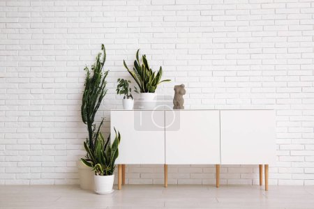 Foto de Gran cactus con plantas de interior y cómoda cerca de la pared de ladrillo blanco en la habitación - Imagen libre de derechos