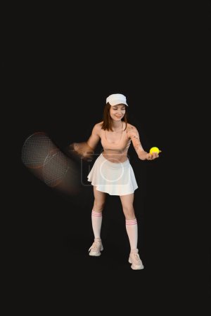 Porträt eines jungen Tennistrainers in Bewegung auf schwarzem Hintergrund