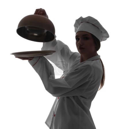 Téléchargez les photos : Silhouette of female chef with cloche on white background - en image libre de droit