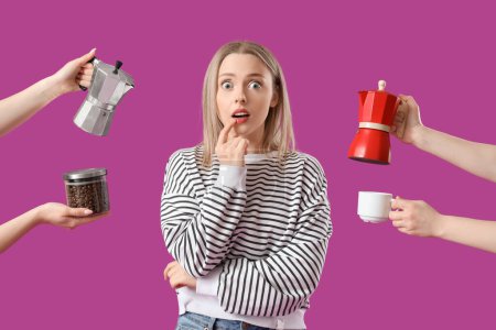 Photo for Surprised young woman surrounded by many hands with geyser coffee makers, beans and cup on purple background - Royalty Free Image