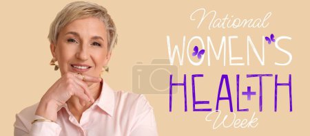 Mujer rubia madura sobre fondo beige. Banner para la Semana Nacional de la Salud de la Mujer