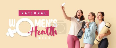 Chicas jóvenes deportivas tomando selfie sobre fondo beige. Banner para la Semana Nacional de la Salud de la Mujer