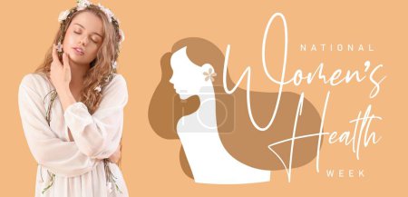 Hermosa joven con flores en el pelo sobre fondo beige. Banner para la Semana Nacional de la Salud de la Mujer