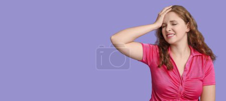 Photo for Young woman feeling awkward on lilac background with space for text - Royalty Free Image