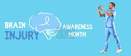 Bannière pour le mois de sensibilisation aux lésions cérébrales avec un médecin masculin tenant une IRM  