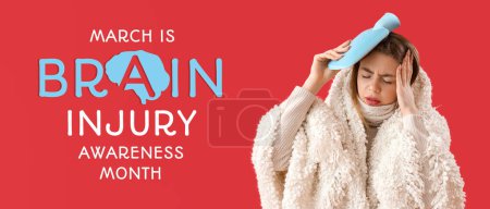 Photo for Banner for Brain Injury Awareness Month with young woman suffering from headache - Royalty Free Image