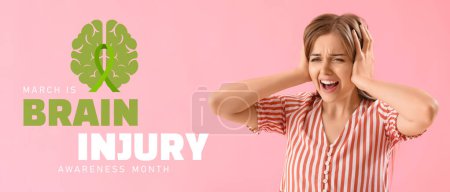 Photo for Banner for Brain Injury Awareness Month with young woman suffering from headache - Royalty Free Image