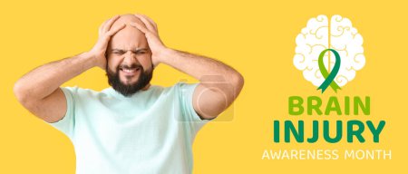 Photo for Banner for Brain Injury Awareness Month with man suffering from headache - Royalty Free Image