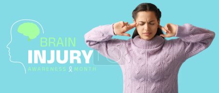 Banner for Brain Injury Awareness Month with young woman suffering from loud noise