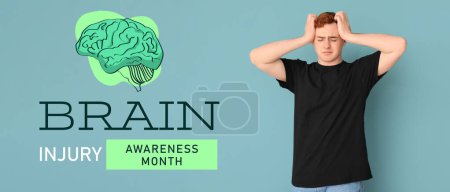 Photo for Banner for Brain Injury Awareness Month with young man suffering from headache - Royalty Free Image